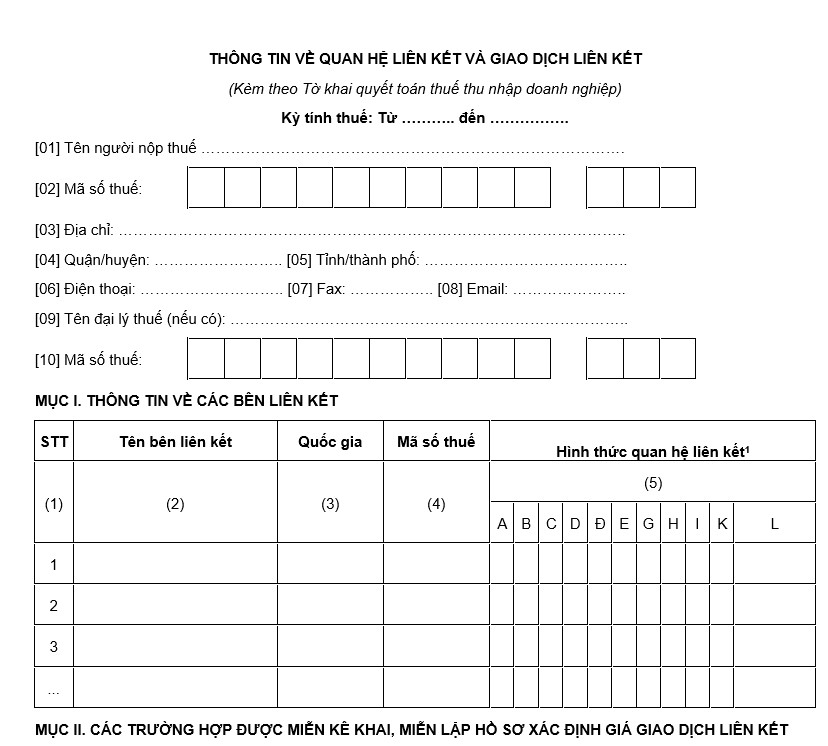 Mẫu tờ khai 01 trong cách tính thuế giao dịch liên kết 2025