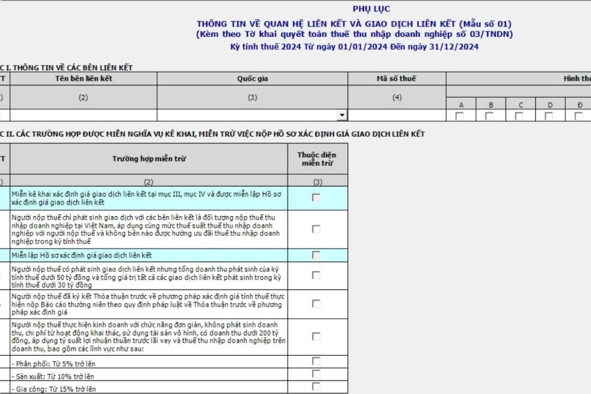 Mẫu biếu kê khai giao dịch liên kết bắt buộc
