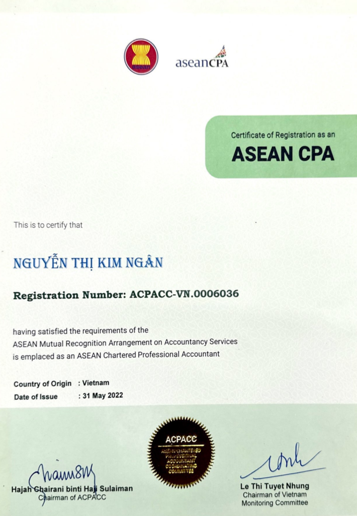 Chứng chỉ ASEAN CPA của Bà Nguyễn Thị Kim Ngân