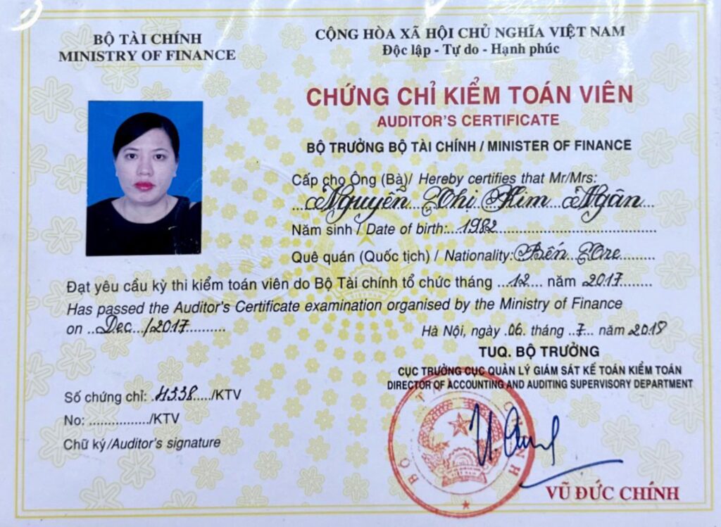 Chứng chỉ Kiểm toán viên (CPA) của Bà Nguyễn Thị Kim Ngâ