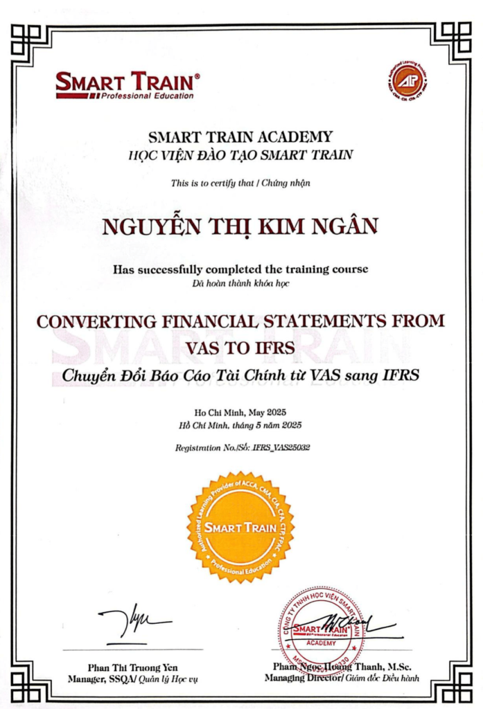 Chứng chỉ chuyển đổi báo cáo tài chính VAS sang IFRS của Bà Nguyễn Thị Kim Ngân